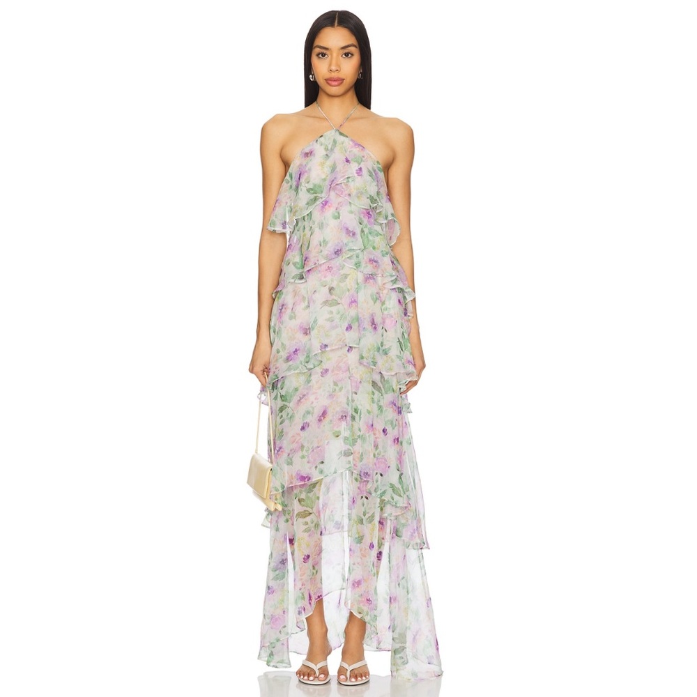 Elliatt Floral Tiered Halter Maxi Dress in Pale Lavender and Green